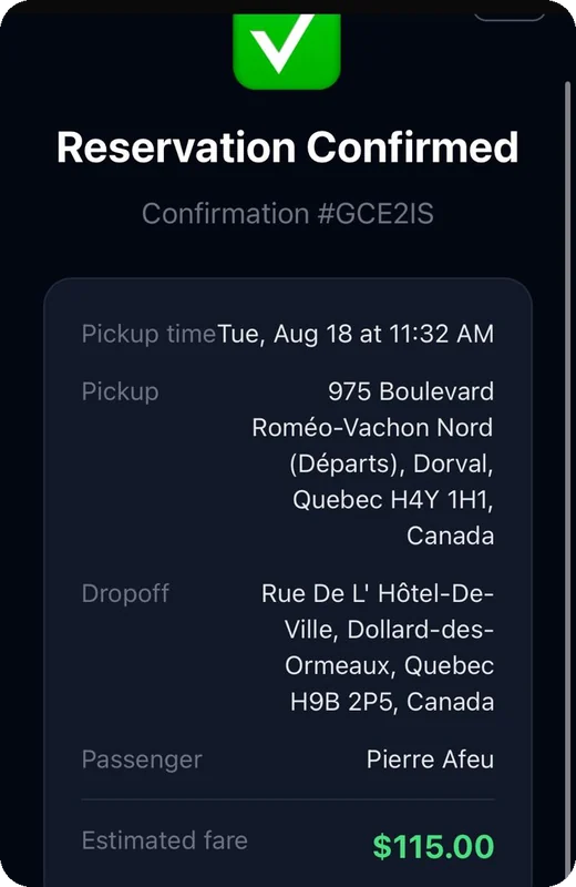 A confirmed reservation in the app