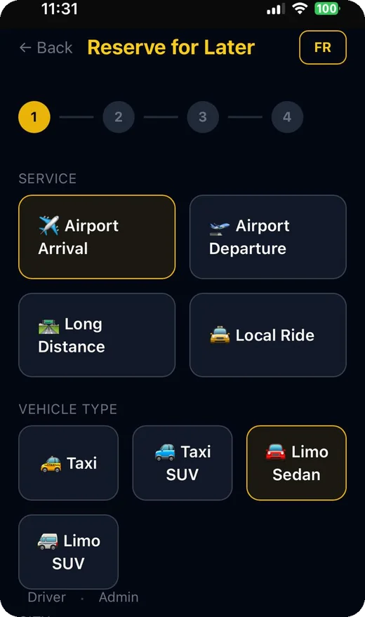 Choosing a service and vehicle type in the app