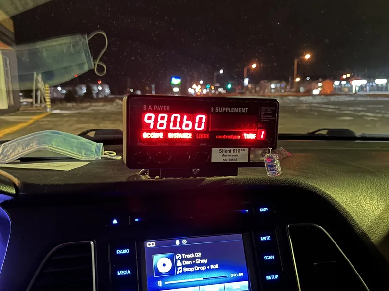 Taxi meter reading 980.60 dollars at the end of a Montreal to Rimouski run